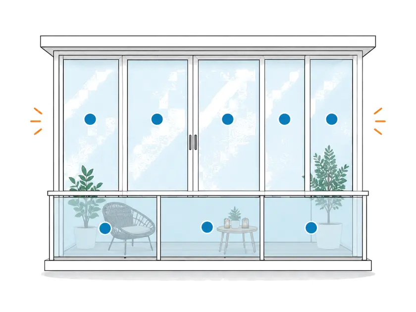 Illustration av en inglasad balkong där varje separat glasparti har markerats.
