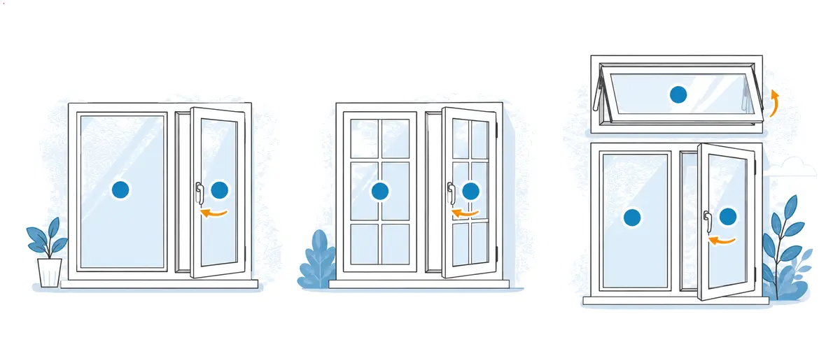 Illustrationer som visar att varje separat öppningsbar del eller fast fönsterparti räknas som ett fönster.